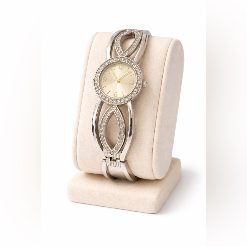 Vintage Silver-Tone Cuff Bracelet Watch with Rhinestones – Japan Movement Works - Picture 1 of 7